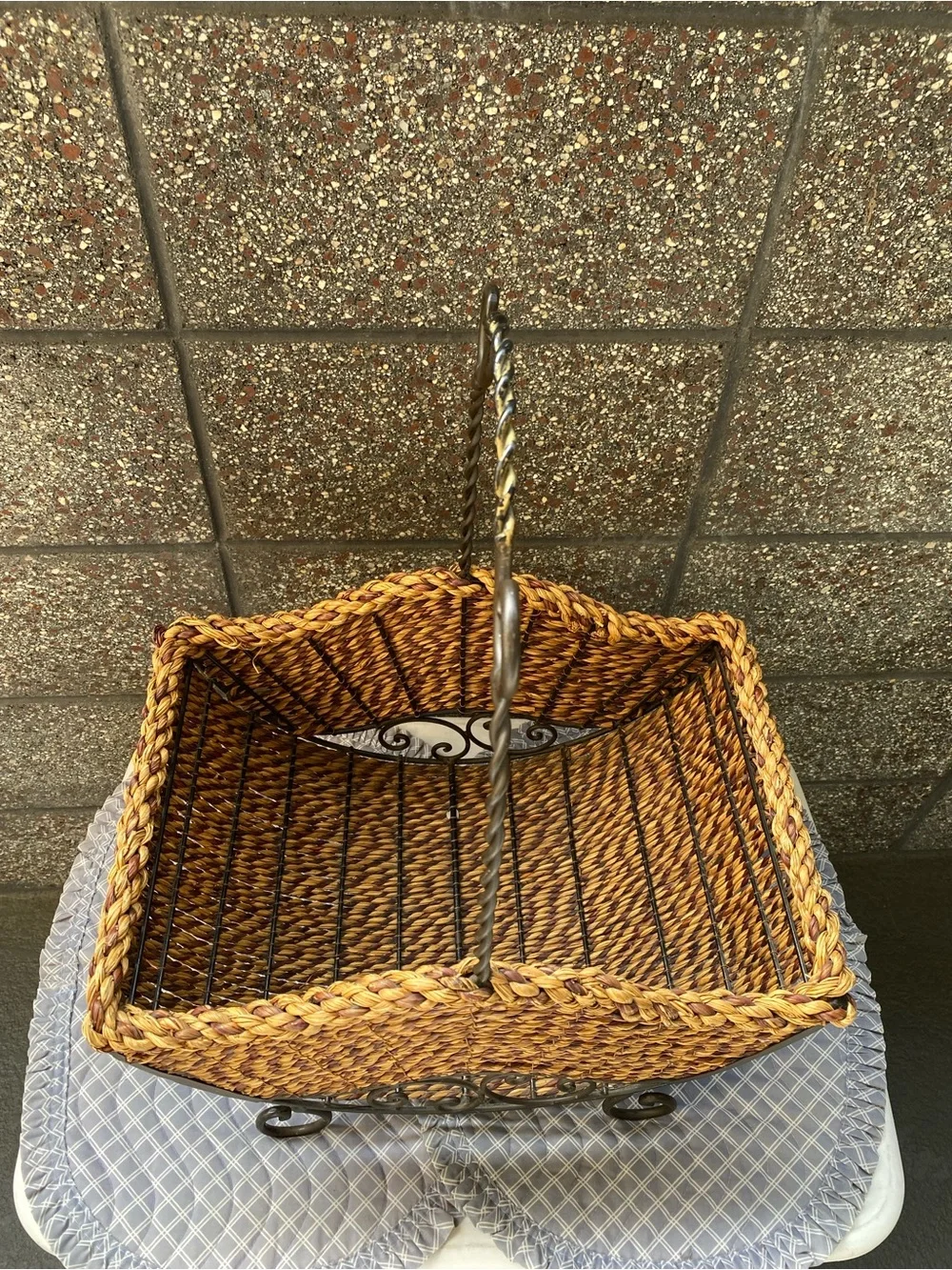 American Vintage Woven Natural Brown Basket with Twisted Iron Handle